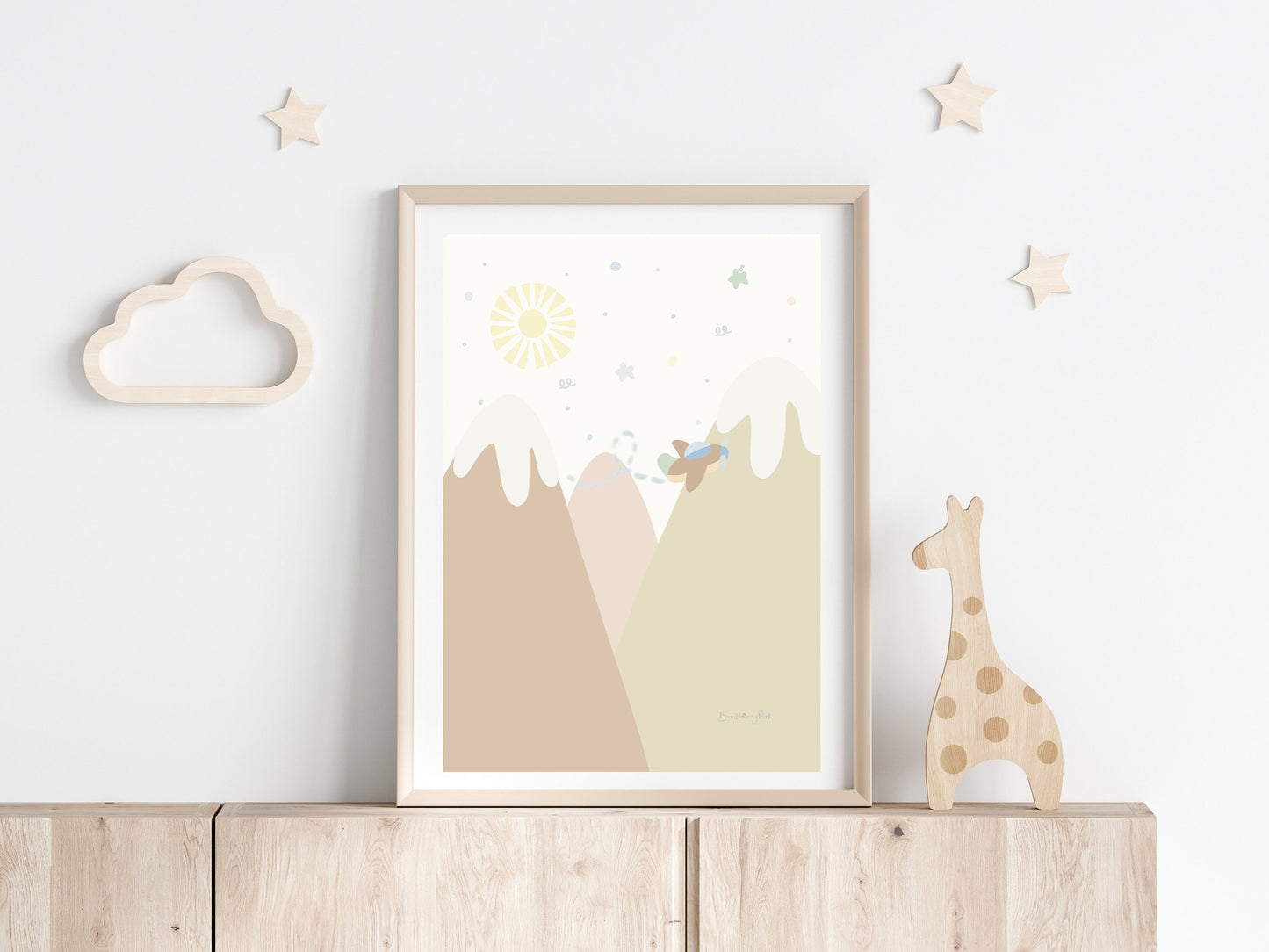 go explore adventure art print in children's bedroom neutral tones  with hot air balloon, rainbow and aeroplane travel theme