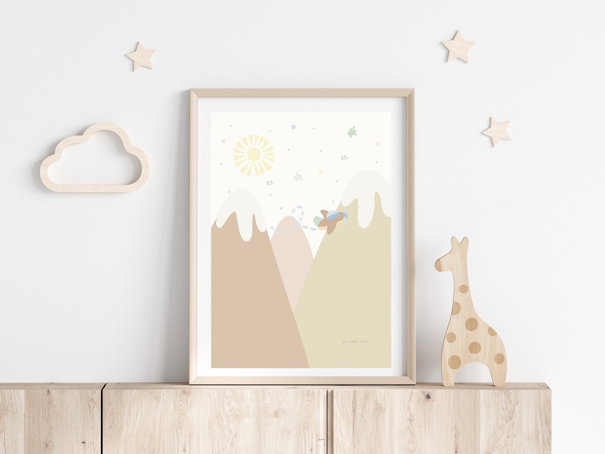 go explore adventure art print in children's bedroom neutral tones  with hot air balloon, rainbow and aeroplane travel theme