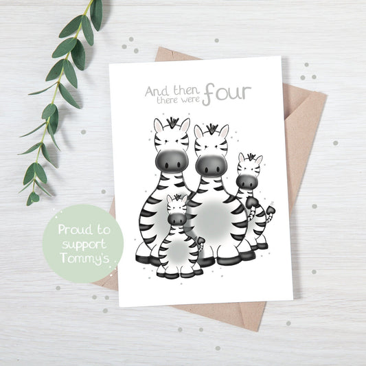Handmade luxury new baby shower greetings card with a safari theme family of zebras with the title &quote "and then there were 4" on a white background, with a kraft envelope